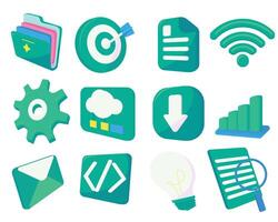 Collection of 12 business-themed icons in dark cyan. Cute and minimal flat style perfect for presentations, infographics, apps, and digital content focused on finance, teamwork, and office work. vector
