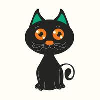 Cute Halloween cat in flat cartoon style with big orange eyes and green ears. Isolated of a black kitten with spooky but adorable look, perfect for festive or themed design assets. vector