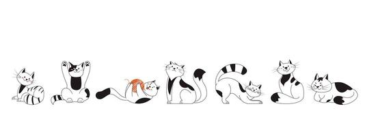 Cats lying, stretching, sitting, lying, relaxing and playing with ball of yarn. Cute purebred kittens in different poses. Pet animals funny set isolated on white horizontal background vector
