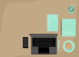 Top view of table, laptop and mobil phone and coffee. Work home situation. vector
