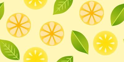 Colorful summer lemon seamless pattern with hand drawn lemons and leaves. Oranges and lemon slices simple flat style illustration vector