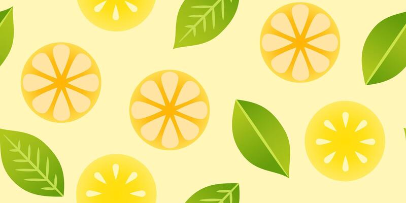 Colorful summer lemon seamless pattern with hand drawn lemons and leaves. Oranges and lemon slices simple flat style illustration