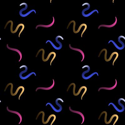 Abstract Color Gradient Swirl Shapes Seamless Pattern. Squiggly Design Elements with tapper in dark.