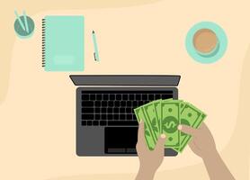 Top view of table, laptop and mobil phone and coffee. Work from home situation. vector