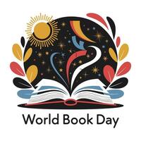 World Book Day Illustration Colorful Open Book with Magical Elements vector