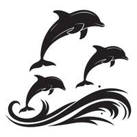 Simple Dolphin Silhouette with Wave Scene vector