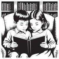 Boy and Girl Reading Together Vintage Black and White Learning Illustration vector