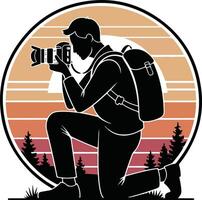 Silhouette of Photographer Kneeling with Backpack and Camera vector