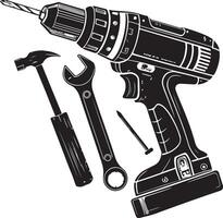 Power Tools Silhouette Clipart Drill, Hammer, Wrench And Screwdriver Set vector