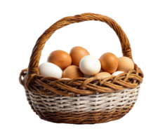 Fresh eggs in a woven basket for kitchen use or decoration png