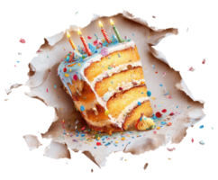 Celebration cake bursting through paper for festive events png