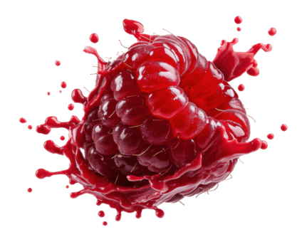 Fresh raspberry splashing with juice in dynamic motion png