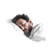 Peaceful man sleeping with white bedding in serene setting png