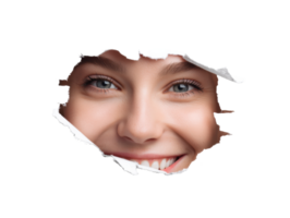 Bright smile emerging from torn paper showcasing joy and optimism png