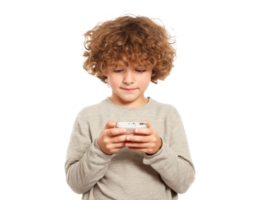 Young boy enjoying a mobile game while standing indoors png
