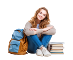 Student relaxing with books and backpack in a study space png