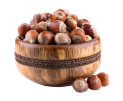 Hazelnuts in a rustic wooden bowl for culinary uses png