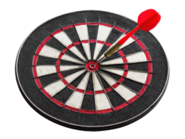 Darts game with red dart hitting the bullseye on target board png
