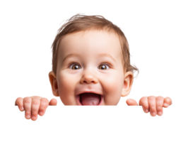 Happy baby smiling with hands over a blank space png