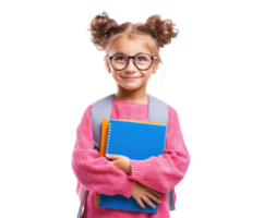 Girl with backpack smiles while holding notebook in cozy sweater png