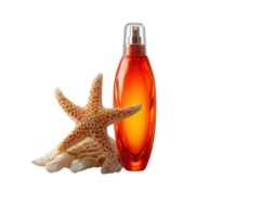 Orange fragrance bottle with starfish and shell decor png