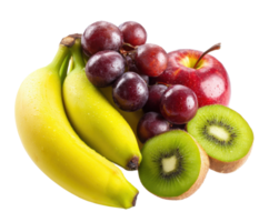 Fresh assorted fruits including bananas, grapes, kiwi, and apple png