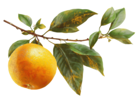 Fresh orange hanging from branch with green leaves in sunlight png