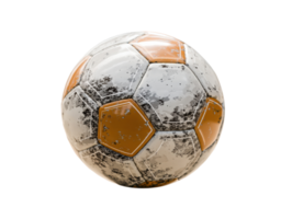 Worn soccer ball on display with unique texture and colors png