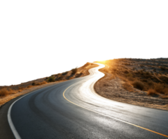 Winding road through desert landscape at sunset png