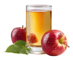 Refreshing apple juice with ripe red apples and green leaves png