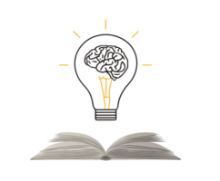 Bright idea concept with brain inside lightbulb over open book png