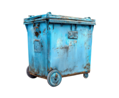 Old blue trash container with rust and wheels for disposal png