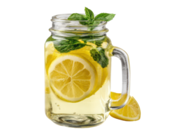 Refreshing lemon and mint drink in a glass jar with lemon slices png