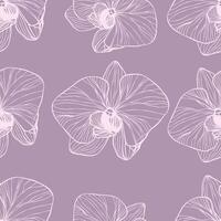 Pattern with pink flowers. Seamless pattern with orchids drawn in delicate line art on a soft purple background. vector