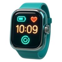 Teal smartwatch with neon display showing time heart rate and battery png