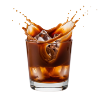 Dynamic coffee splash with ice cubes in a glass isolated on transparent background png