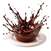 Rich chocolate splash crowned on white plate isolated on transparent background png