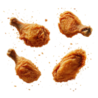 Four crispy fried chicken drumsticks floating isolated on transparent background png