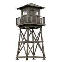 Rustic wooden guard tower with balcony and windows isolated on transparent background png
