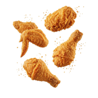 Crispy fried chicken pieces floating isolated on transparent background png