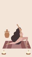 Animated illustration of yoga woman in forward bend with pottery in horizontal format video