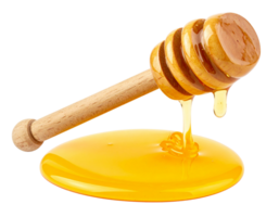 A wooden honey dipper with dripping honey isolated on transparent background png