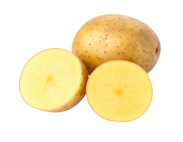 A golden potato and two potato halves isolated on transparent background png