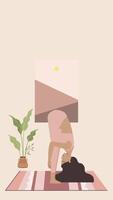 Animated illustration of yoga woman stretching by a triangle window in vertical format video