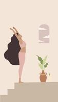 Animated illustration of yoga woman reaching up on steps in vertical format video