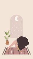 Animated illustration of yoga woman relaxing in moonlit archway in horizontal format video