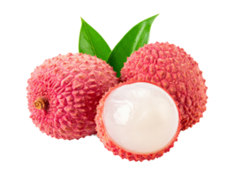 Three lychee fruits, two whole and one halved, isolated on transparent background png