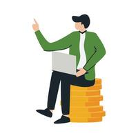 Businessman sitting on a pile of gold coins and carrying a laptop explaining business vector