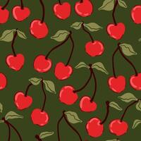 Ripe cherry seamless fruit pattern, red berries, green leaves, flowers texture, coquette core vector