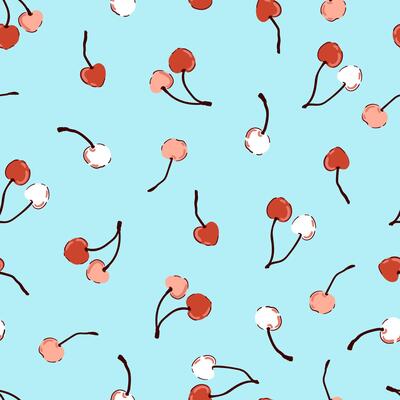 Ripe, cherry seamless fruit pattern, red berries, green leaves, flowers texture, coquette core